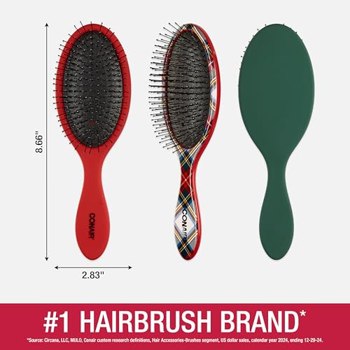 Conair Detangling Hair Brush Set – 3 Pack Tartan, Red, Green for All Hair Types