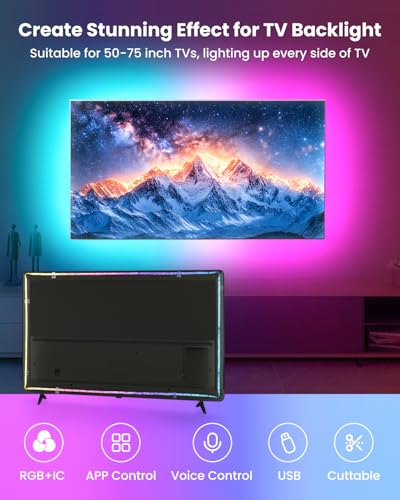 RGB+IC LED TV Backlight Strip 9.84ft for 32-43 Inch TVs, Music Sync, Bluetooth Control, 44 Scene Modes