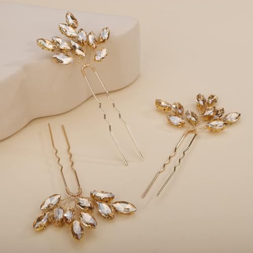 Rumtock Champagne 3pcs Handmade Crystal Hair Pins for Wedding Brides Women Girls (Champagne)