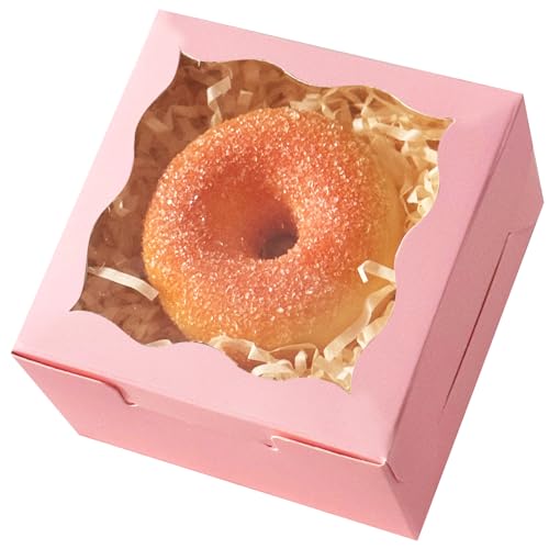 qiqee Pink Bakery Box with Window, 30 Pack - 4x4x2.5 Inch Macaron & Donut Boxes