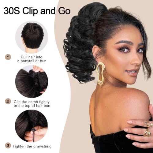 14” Black Wavy Curly Drawstring Ponytail Extension for Women