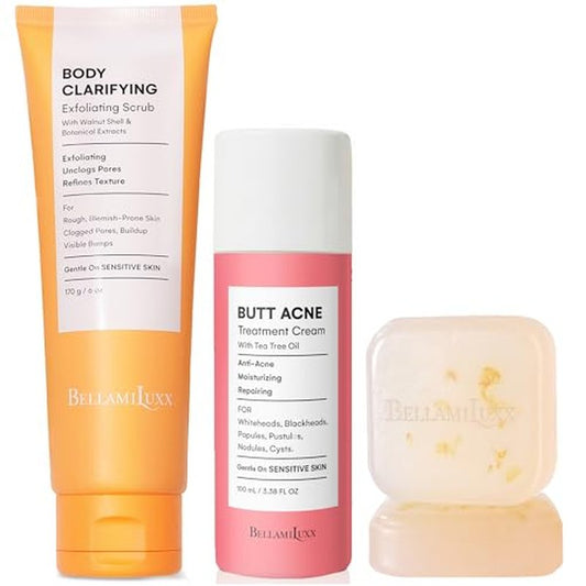 BellamiLuxx Butt Acne Treatment Set: Acne Soap Bar + Butt Treatment Lotion for Breakouts on Buttocks, Thighs, Back, Chest & Ingrown-Prone & Folliculitis-Prone Skin ? Helps Reduce Body Breakouts