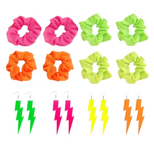 Neon Hair Scrunchies Set - 8 Piece Vibrant Elastic Hair Ties for Women