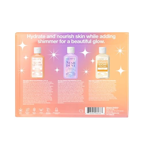 Hempz Mini Shimmer Lotion Set, Gold, Silver and Rose Gold Moisturizer, Glimmer Goddess Radiant Skin Travel Kit, 3 pack, TSA Approved, 2.25 oz