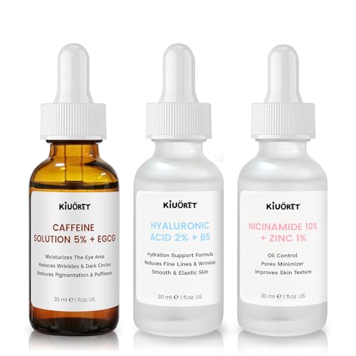 KIUORET 3-Piece Anti-Aging Face Serum Set: Caffeine, Niacinamide & Hyaluronic