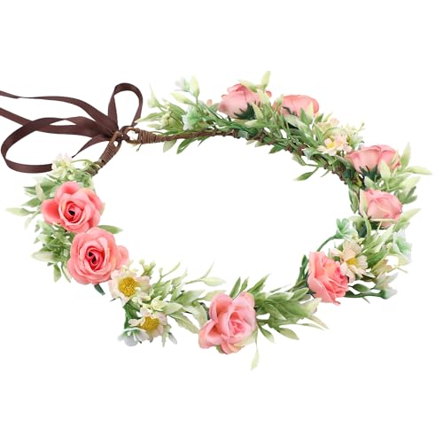 Pink Green Rose Flower Crown - Boho Floral Headband for Women