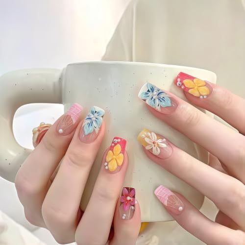 Medium Almond Press on Nails ZF305 - Handmade Floral Designs with Rhinestones & Pearls, 24 Pcs Reusable Kit