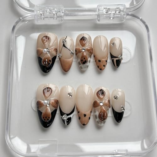 MABKJLF M-A14 Luxury Short Almond Press-On Nails with 3D Designs - Reusable Fake Nails with Rhinestones & French Tips, Glossy Brown, Thick Acrylic, Complete Nail Kit