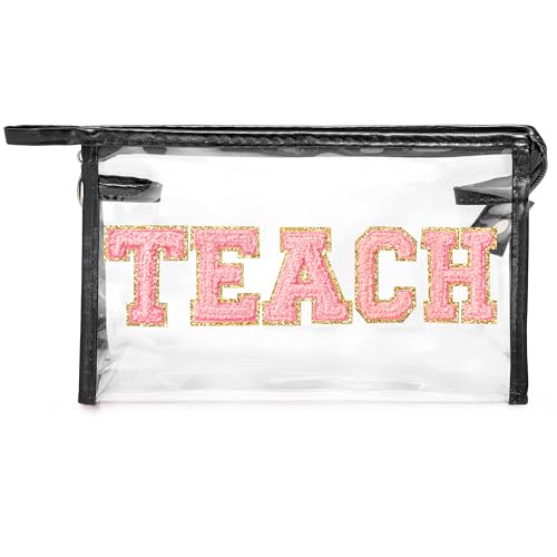 CY2SIDE TEACH Clear Makeup Bag with Handle - Waterproof Travel Organizer for Teachers