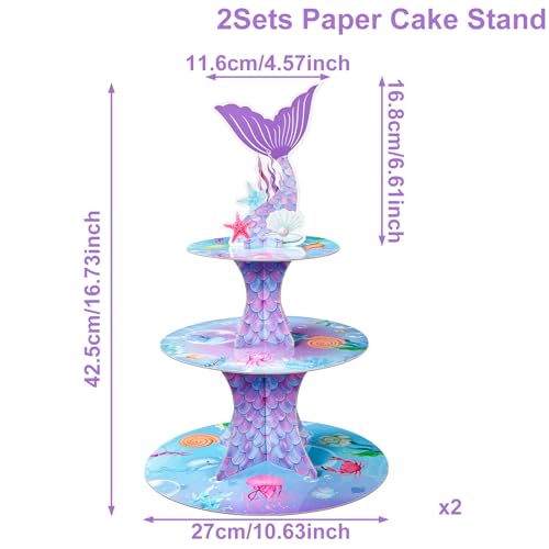 Mermaid Cupcake Stand Set - 2 Three-Tier Cardboard Holders for Parties