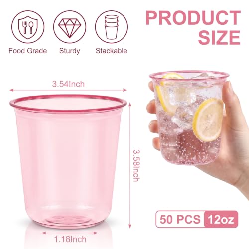 50 Pack 12oz Pink Plastic Cups - Disposable Cocktail & Wine Glasses