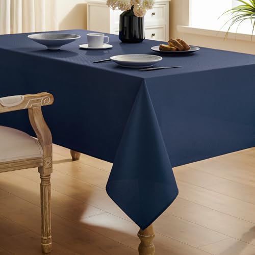 Waterproof Textured Tablecloth - 52x70 Inch Navy Blue Fabric