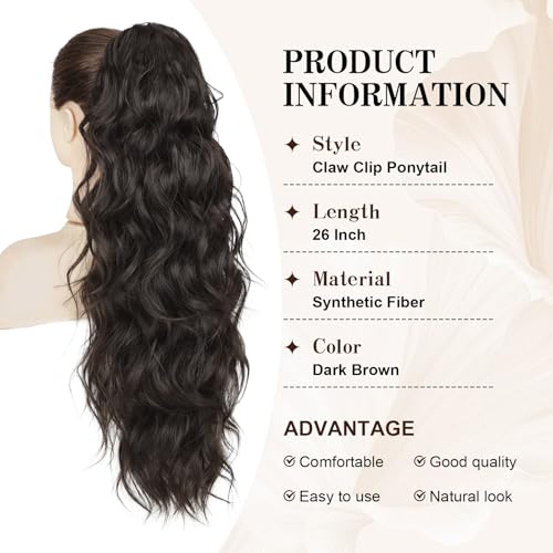HANYUDIE 26 Inch Wavy Claw Clip Ponytail Extension - Dark Brown