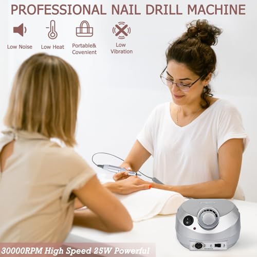 A4 Silver Electric Nail Drill Machine 30000RPM with 6 Sanding Bands & Bits for Home & Salon