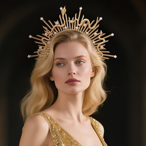 Medusa Halo Crown Headpiece - Gold Snake Spiked Sunburst Headband, Adjustable Costume Accessory
