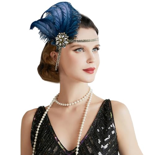 1920s Gatsby Feather Headband with Crystal Tassel - Flapper Hairpiece