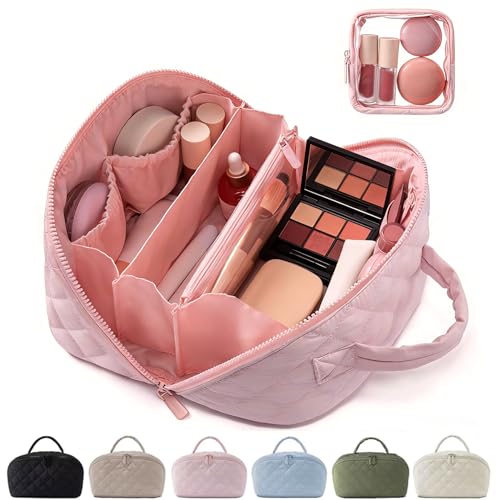 MINGRI Pink Quilted Makeup Bag Set - 2 Pcs Travel Toiletry Bags