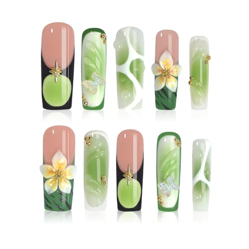 XGV Handmade Long Square Nails L/0034 | Summer Pastel Gradient with Floral & 3D Butterfly Design