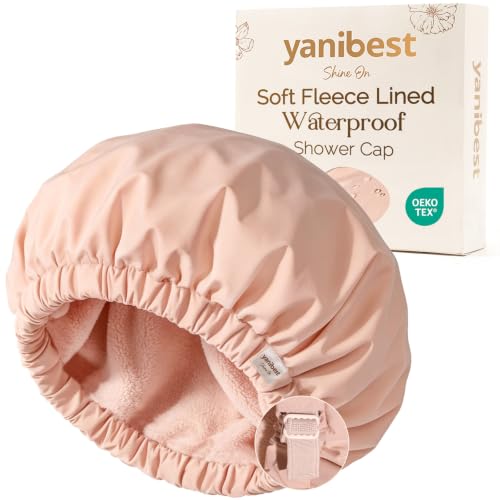 YANIBEST Adjustable Shower Cap with Fleece Lining - Large Peachy Pink
