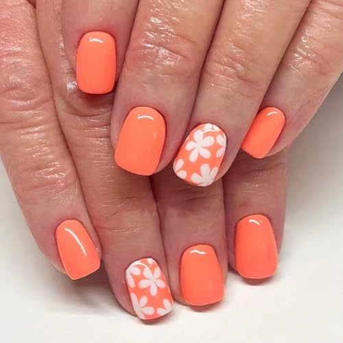 24Pcs Orange Flower Press on Nails - Short Square Acrylics