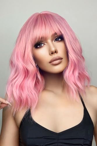 ATAYEA 14 Inch Pink & Purple Curly Wavy Wig for Women Short Bob Synthetic Fiber Cosplay & Daily Use