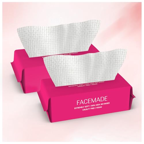 FACEMADE 100 Disposable Face Towels, XL 7.9 x 9.5 in - Biobased Soft Wipes (2 Packs, 100 count each)