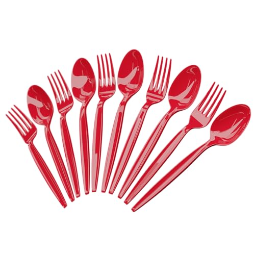 Red Plastic Spoon and Fork Set - 100 Durable Disposable Utensils