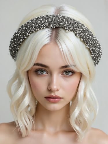 GIYAWA 2 Pieces Rhinestone & Pearl Headbands Black & Grey Wide Elegant Hair Accessories for Women