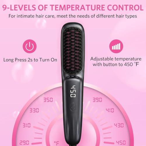Househerb 2-in-1 Hair Straightener Brush - Grey, 9 Temperature Settings