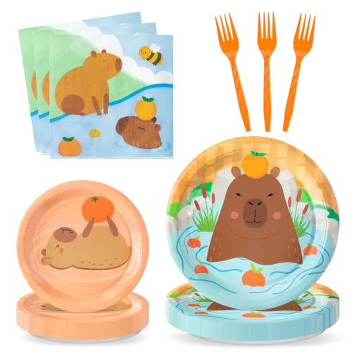Capybara Party Supplies Set – 24 Plates, Napkins & Forks