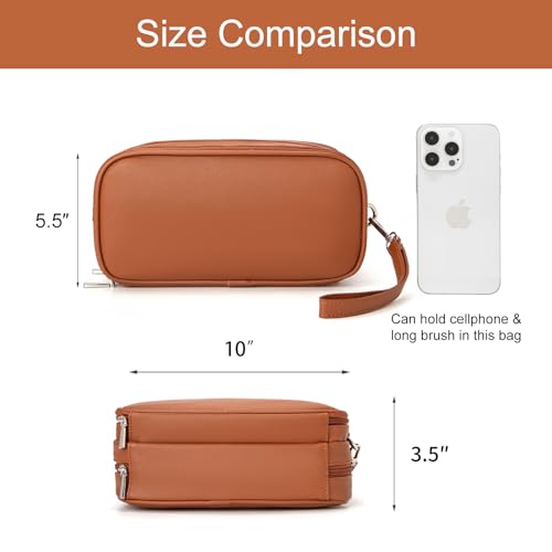 Brown Makeup Bag for Women - Waterproof Organizer with Brush Holder