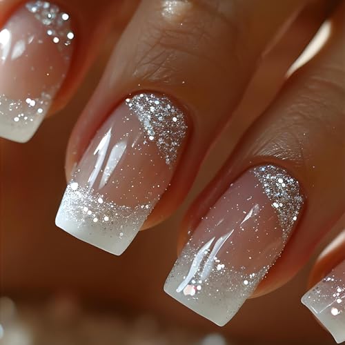 24pcs French Tip Press On Nails with Glitter - Medium Length