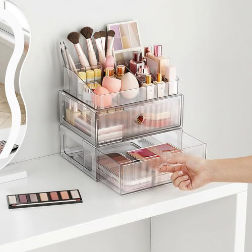 HOMETUK 2-Tier Clear Makeup Organizer with Drawer for Vanity and Bathroom