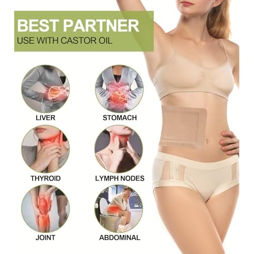 STFOCE 20pcs Castor Oil Pack Wrap, Portable Self-Adhesive, Disposable Castor Oil Pack Organic Cotton for Stomach, Liver, Belly & Entire Body, No Leaks, No Irritation, Stick Overnight (Kahaki)