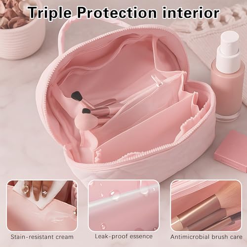 SEPSUMMER Pink Puffy Waterproof Makeup & Toiletry Bag with Flat Opening for Travel