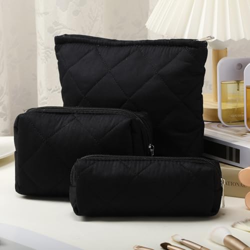 Paterr 3-Piece Black Quilted Cotton Makeup Bag Set - Foldable & Washable Cosmetic Pouches