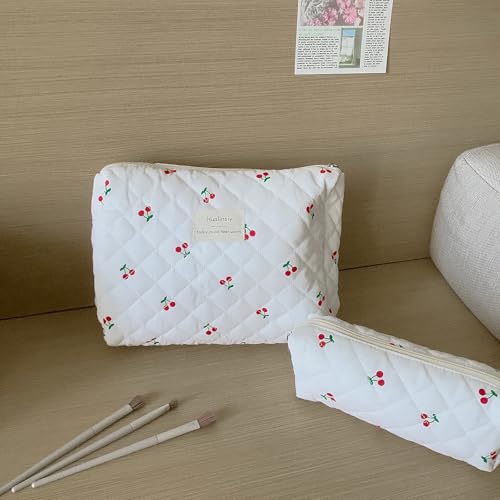 Cute Cherry Makeup Bag Set - 3 PCS Travel Toiletry Organizer (White-Cherry)