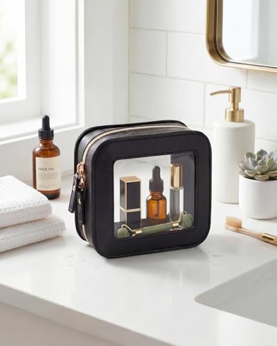 LETGO Small Black Square Clear Makeup Bag for Women & Men, Travel Cosmetic Organizer