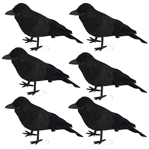 FOIMAS Halloween Black Crows - Realistic Feathered Ravens Prop, Pack of 6