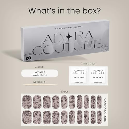 Adora Couture Midnight Lace Semi Cured Gel Nail Strips Kit with UV Light, 20 Pieces