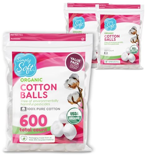 Simply Soft Organic Cotton Balls – 600 Count, Hypoallergenic & Lint-Free