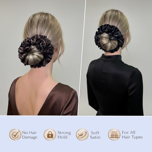 3-Pack Satin Scrunchies for Women - Large Velvety Ruffle Hair Ties, Black Brown Red