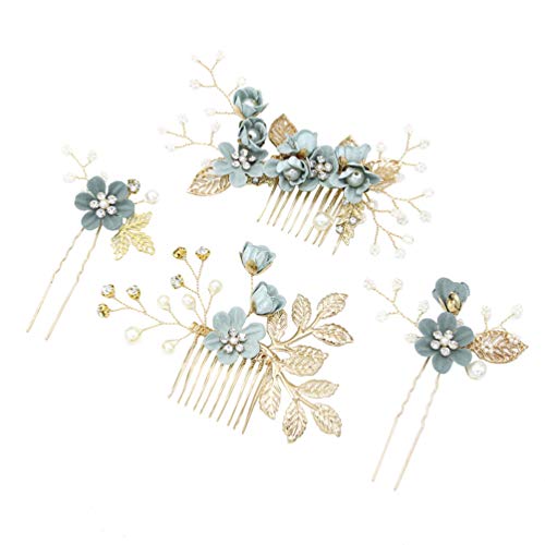4-Piece Sage Green Bridal Hair Comb and Pin Set with Pearl Floral Accents
