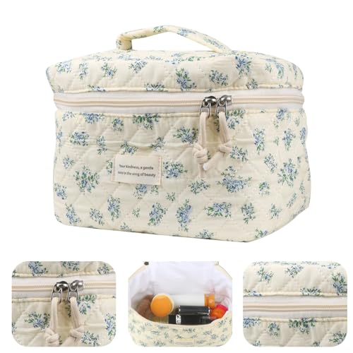 VIWIME 203-Blue Rose Large Quilted Makeup Bag, Cotton Cosmetic Toiletry Organizer
