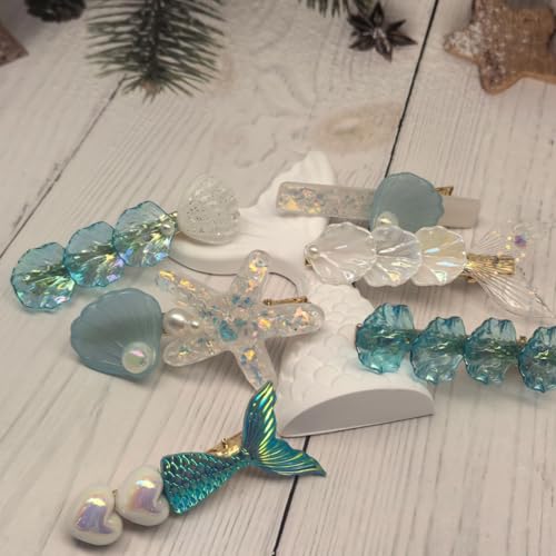 Blue Starfish Seashell Hair Clips - Beach Ocean Accessories, 6 Pack