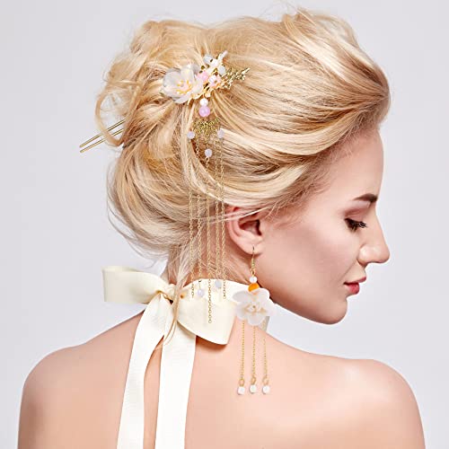 HINZIC 5Pcs Flower Tassel Hair Pins Set with Rhinestone Pearls & Earrings for Women & Girls