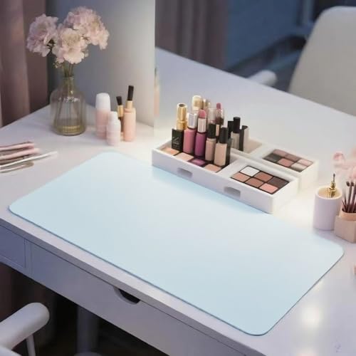 metui Blue Waterproof PU Leather Makeup Mat 15.7x23.6in, Non-Slip Vanity Table Protector