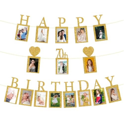 Happy 70th Birthday Photo Banner with 16 Frames - Gold Glitter Party Decor