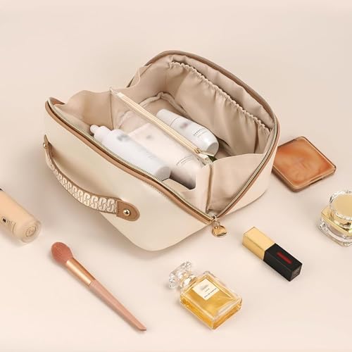 Prite Large Travel Makeup Bag, Waterproof Vegan Leather Cosmetic Organizer