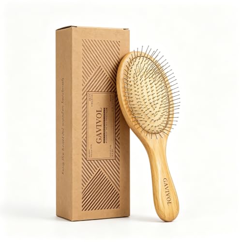 GAVIVOL Bamboo Paddle Hair Brush with Steel Bristles for All Hair Types